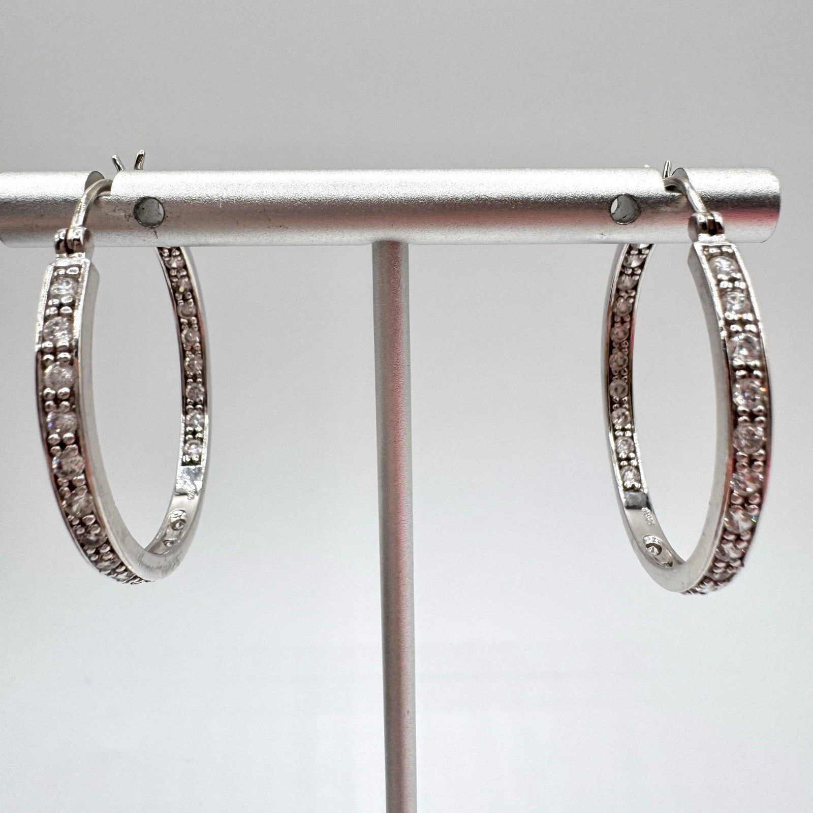 925 Sterling Silver CZ Front Back Hoop Earrings Acid Tested Signed 1 1/4” 7.36 g
