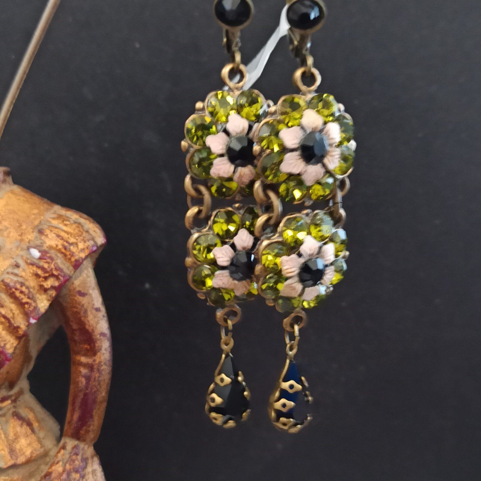 Michal Negrin Earrings Olive Green Black Crystals Long Cocktail Unique Deco Gift