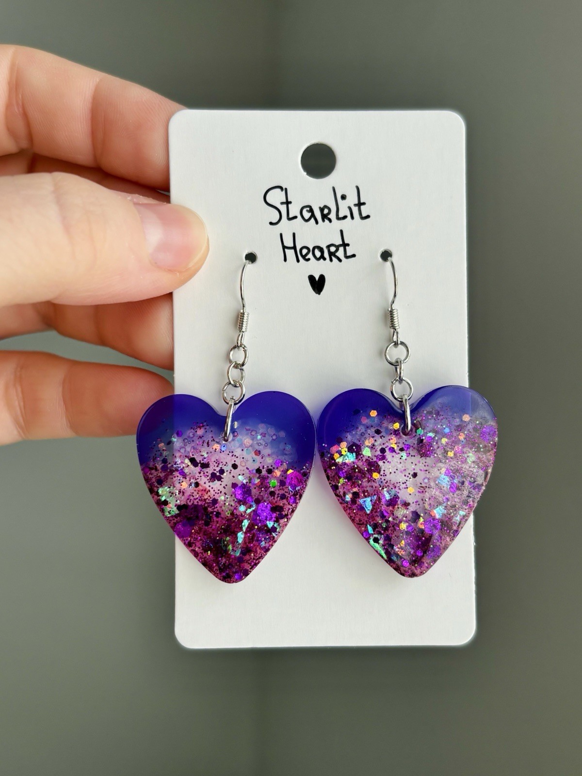 Starlit Heart Resin Heart Earrings Handmade Purple Pink Glitter Galaxy