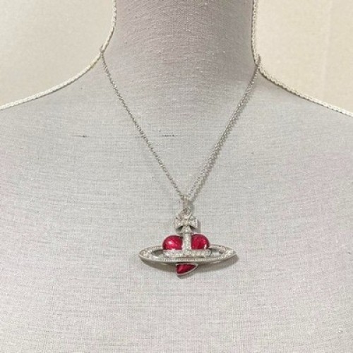 Vivienne Westwood Diamante Heart Orb Large Necklace Silver Red with drawstring
