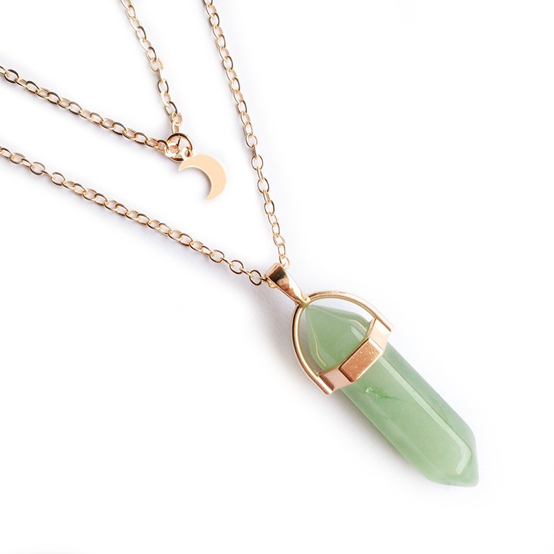 Natural Crystal Point Pendant Necklace Crescent Moon Gemstone Chakra Jewelry
