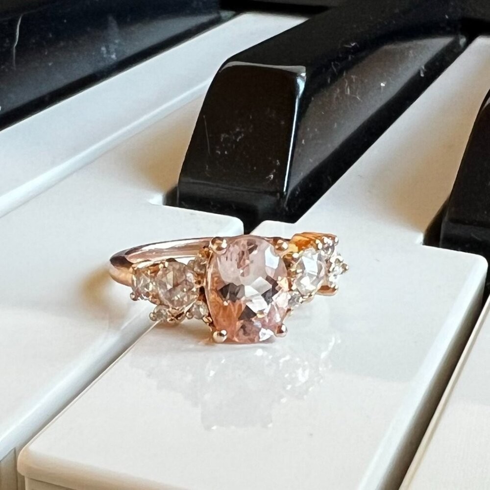 Bridal Set – 2 Morganite + Diamond Cluster Rings, 14K Rose Gold, Luna Skye