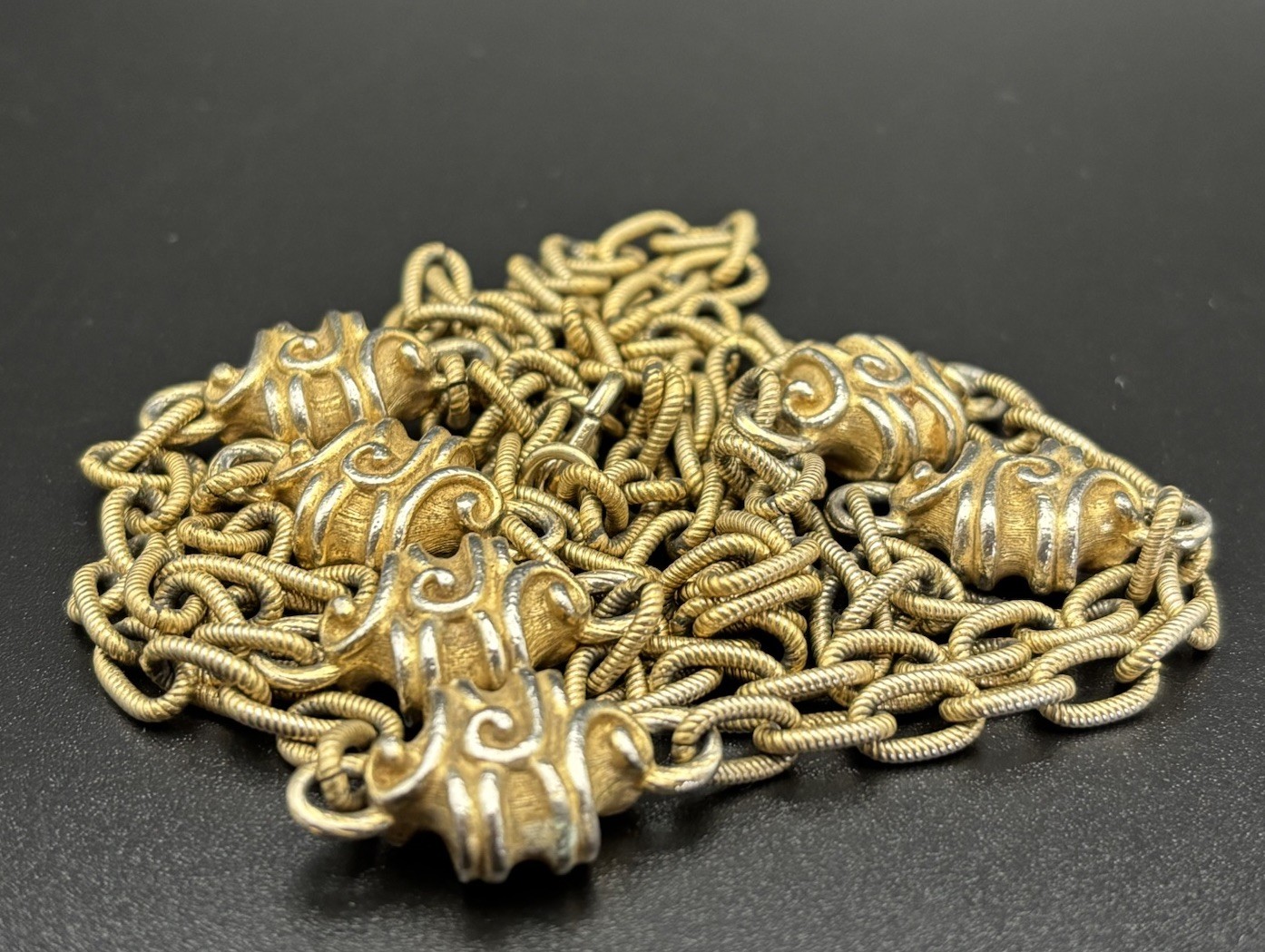 Vintage Long Gold Tone Chain Necklace Ornate Baroque Scroll Stations 92cm