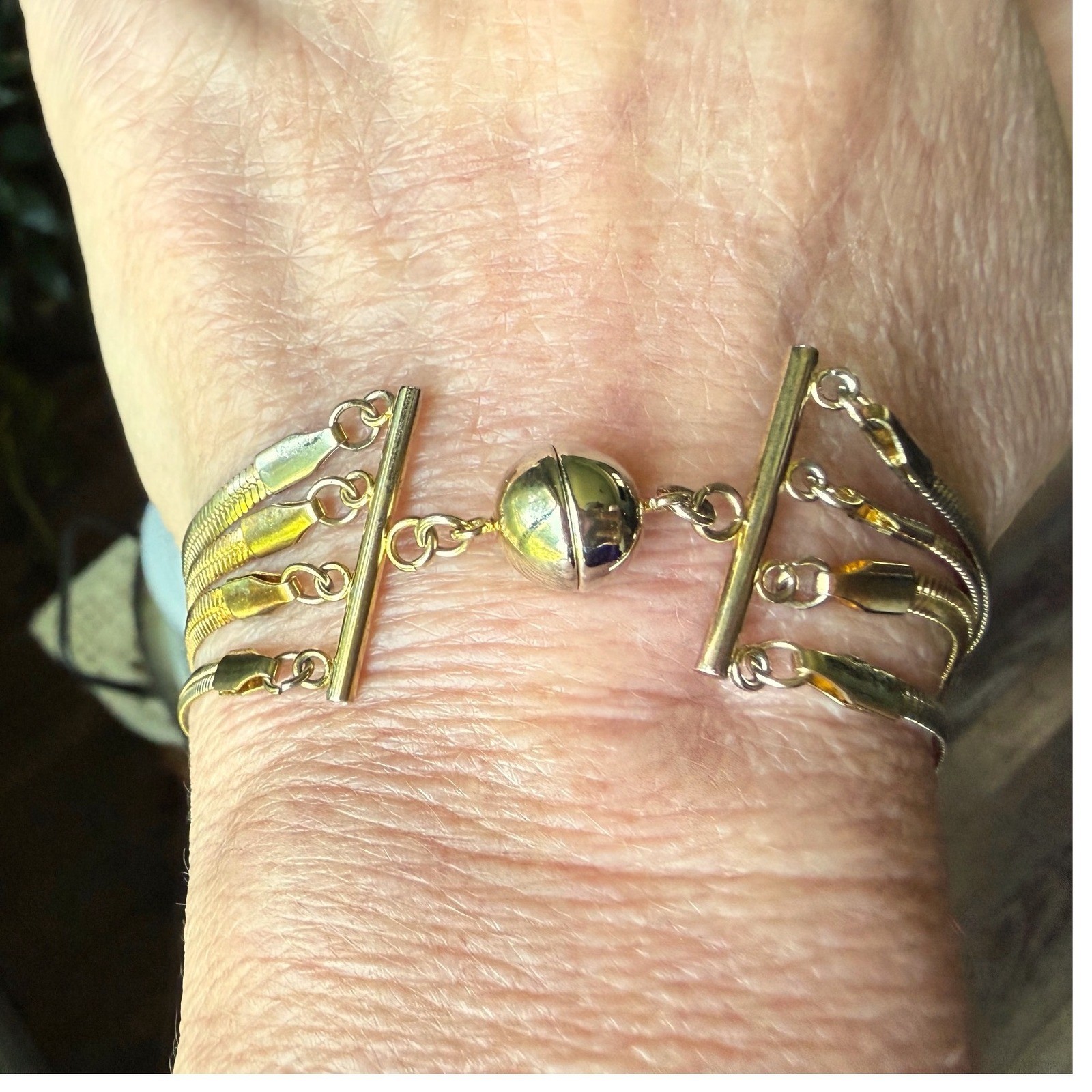 Vintage Bracelet Triple Tone Herringbone Mixed Metal Bracelet Gold Copper Silver
