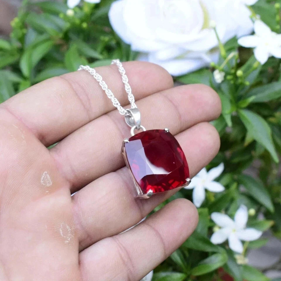 Natural 21 Ct Cushion Cut Red Ruby Silver Pendant AGL Certified Gemstone Jewelry