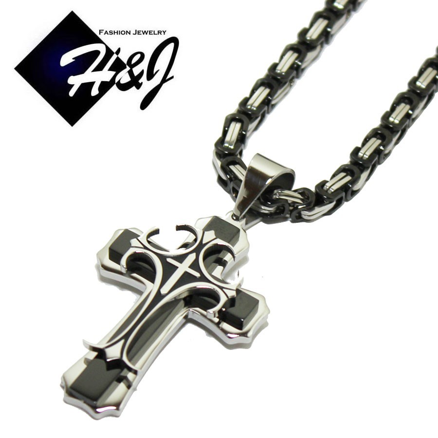 24″MEN’s Stainless Steel 6mm Silver/Black Plated Box Necklace Cross Pendant*BBH