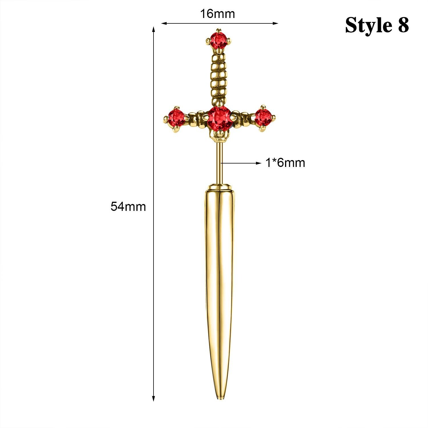20G Punk Stainless Steel Stud Earrings CZ Dagger Sword Ear Stud Piercing Jewelry
