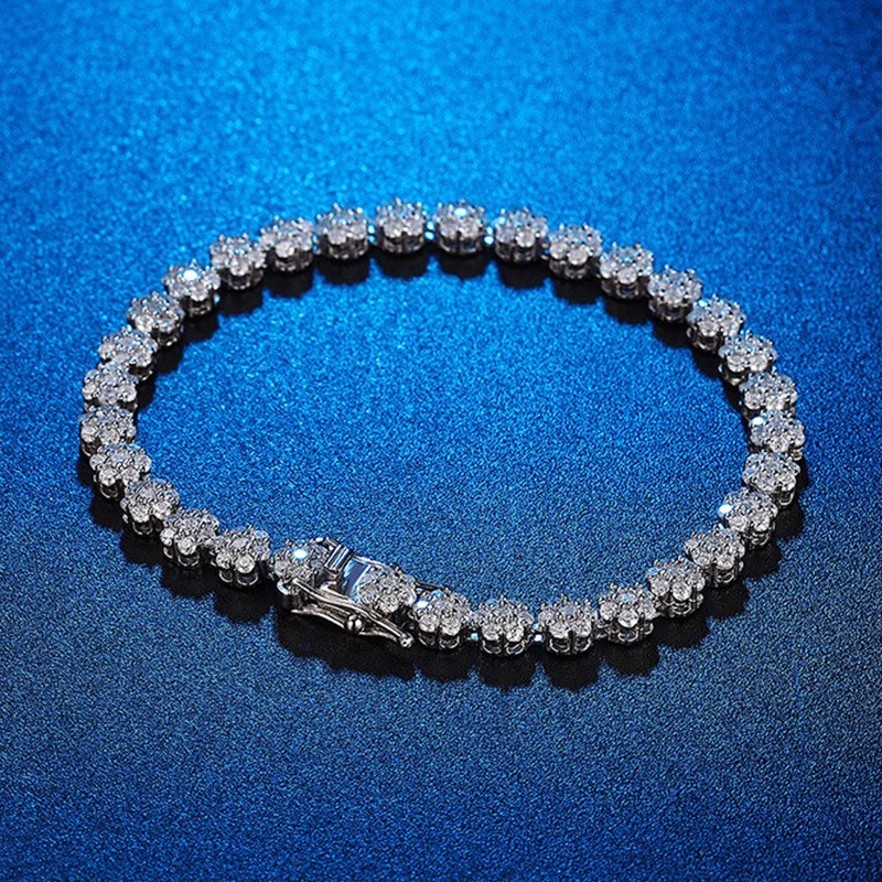 Elegant Moissanite Flower Tennis Chain Bracelet Women 925 Silver Passes Tester