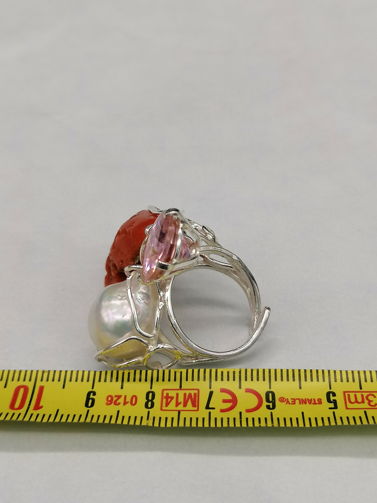 anello donna vero corallo rosso perla bianca swarovski rosa in argento bianco