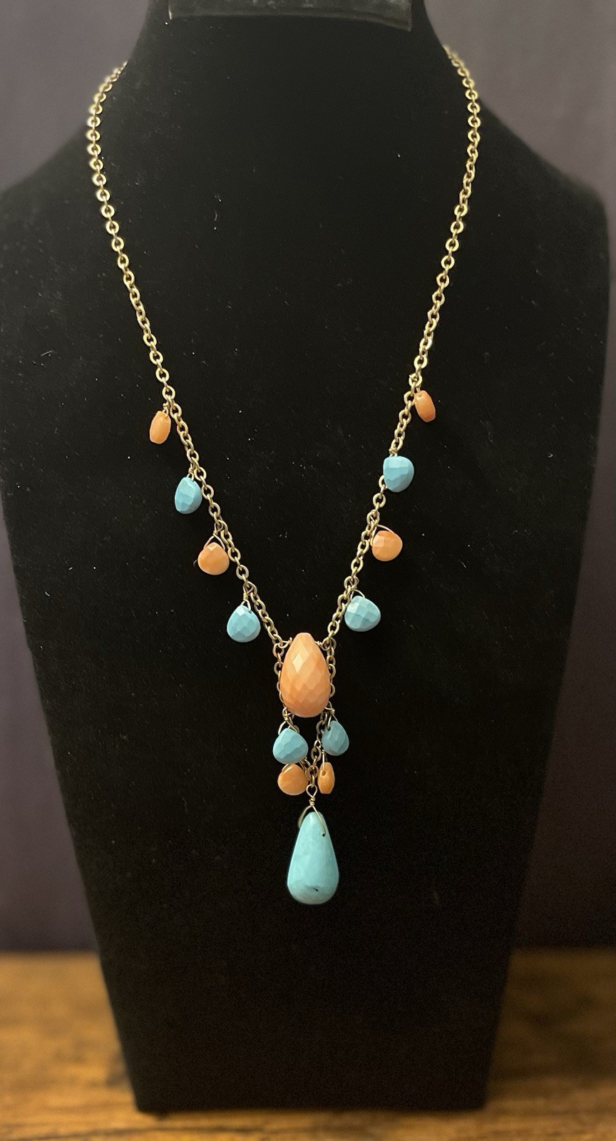 VNTG 1/20 Gold Filled Natural Turquoise & Pink Tourmaline Gemstone Necklace