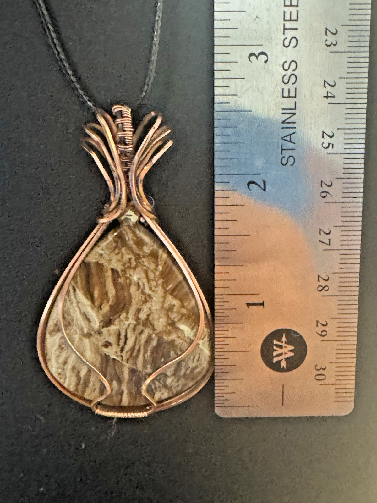 Copper Wire Wrapped Brown Natural Stone Charm Pendant Necklace on Cord, Handmade