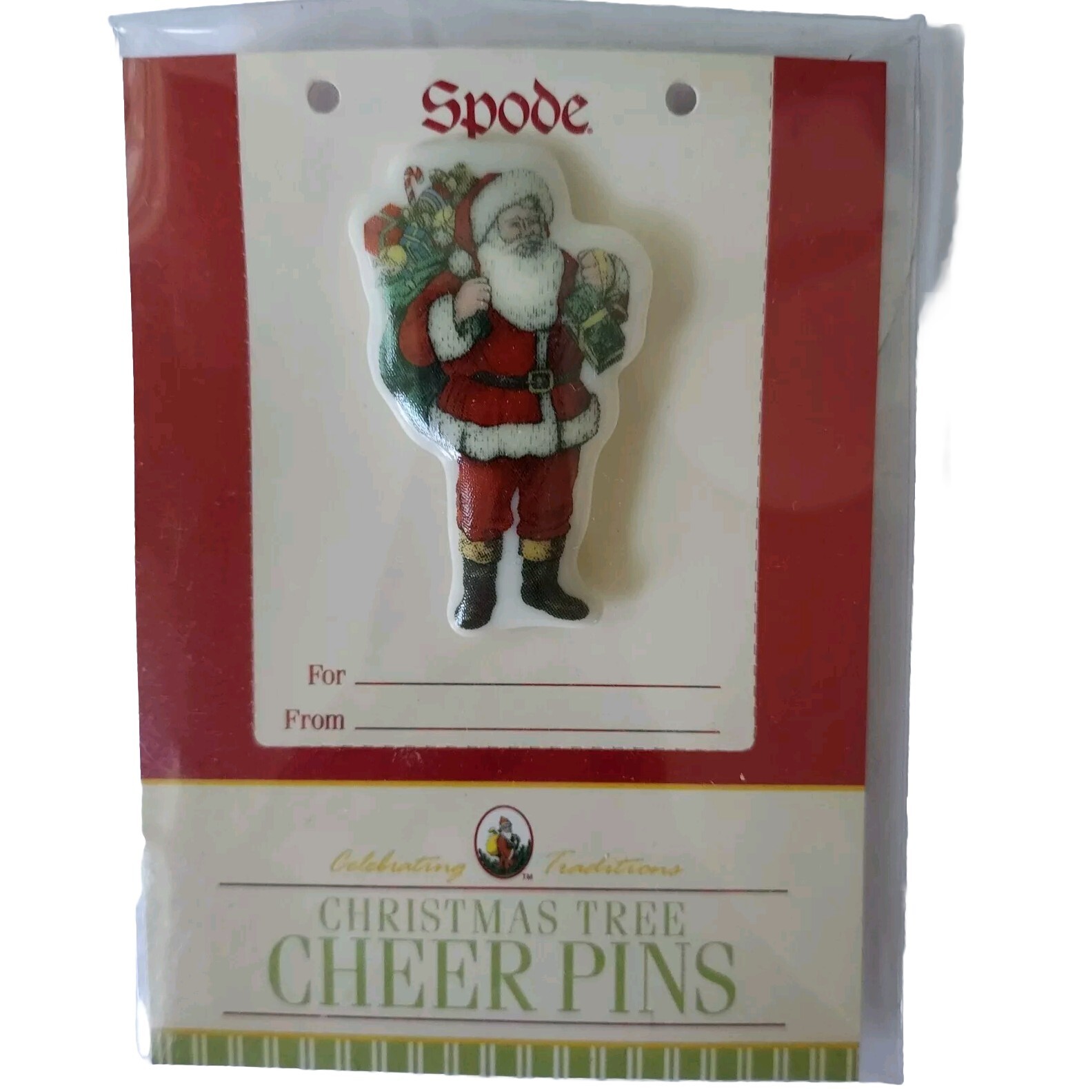 VTG Spode Brooch Santa Cheer Pin NOS In Pkg Ceramic 2″ American Santa Gift Bag