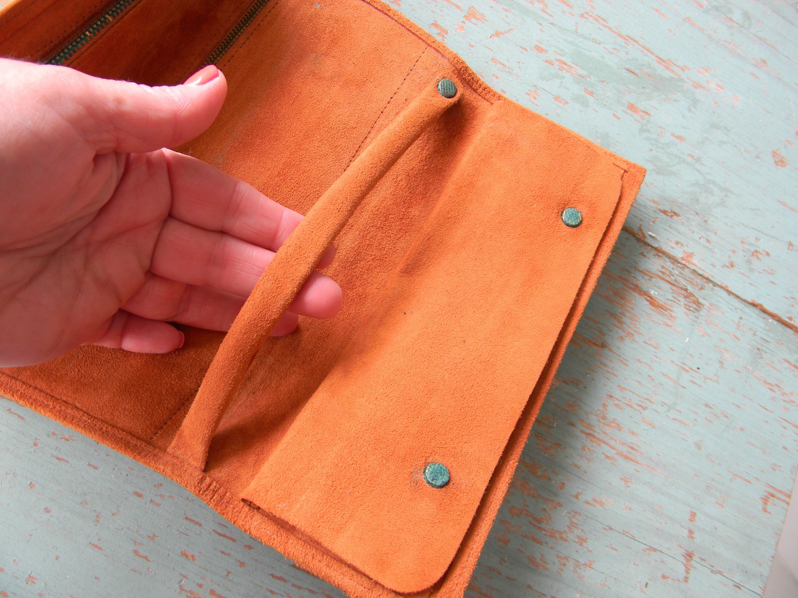 VINTAGE GENUINE SUEDE/LEATHER ORANGE/TAN JEWELRY ROLL TRAVEL ORGANIZER