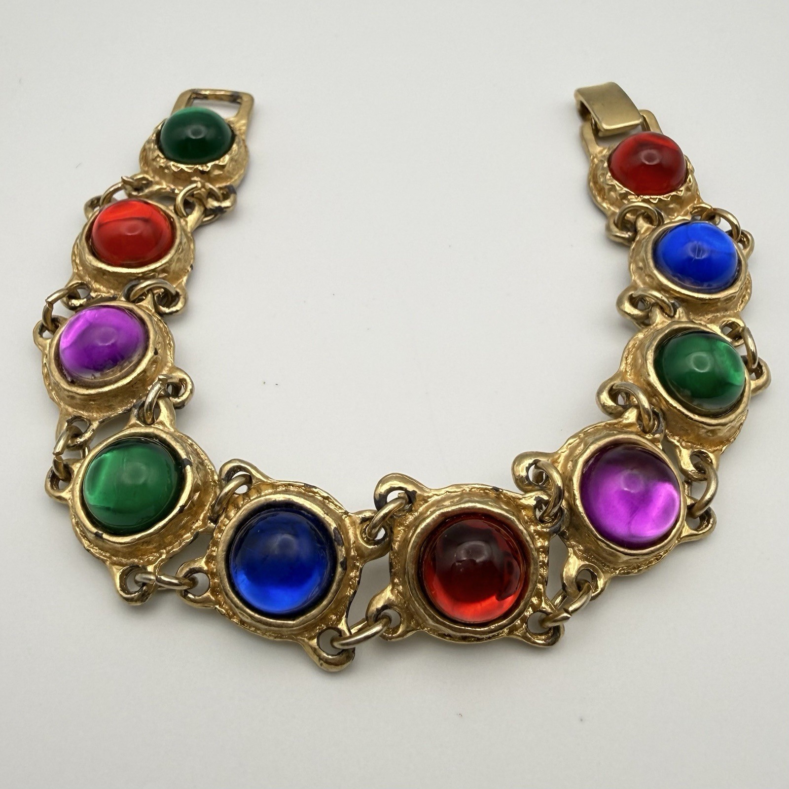 Vintage Rainbow Lucite Cabochon Gold Tone Link Bracelet Brutalist Modernist 7.5″