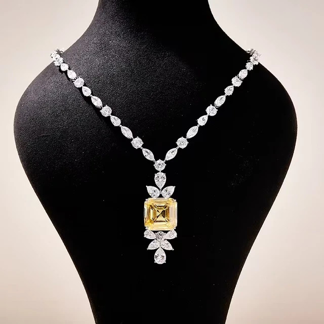 31Ct Asscher Lab-Created Yellow Sapphire & Diamond Necklace 14KWhite Gold Plated