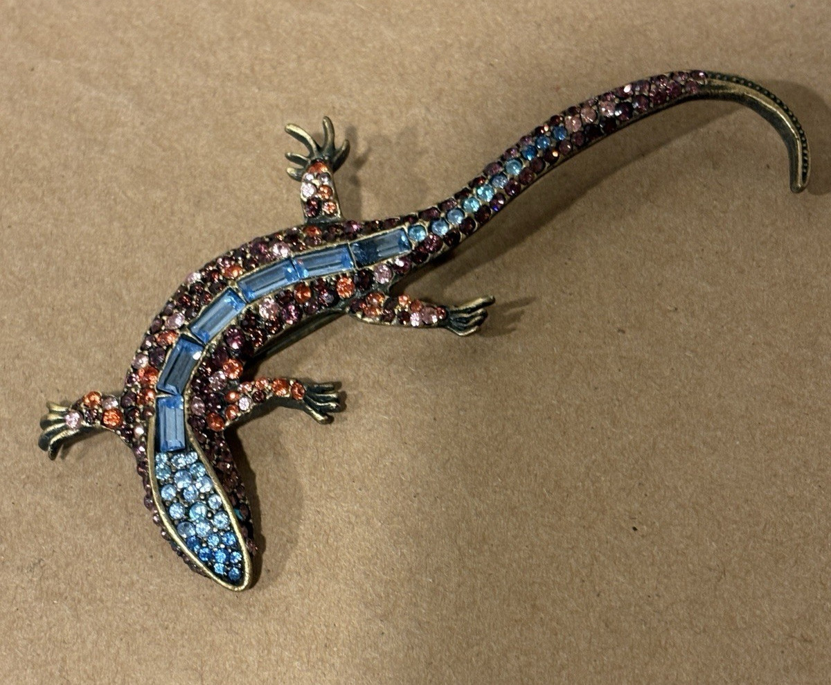 Jay Strongwater Lizard Salamander Pink Green Rhinestones Brooch Pin Retired Box