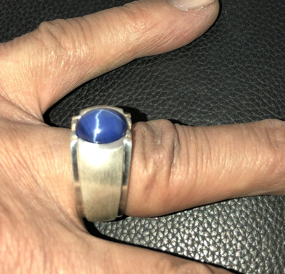 MJG STERLING SILVER CLASSIC MEN’S RING.12 X 10mm LAB BLUE STAR SAPPHIRE. SZ 10+