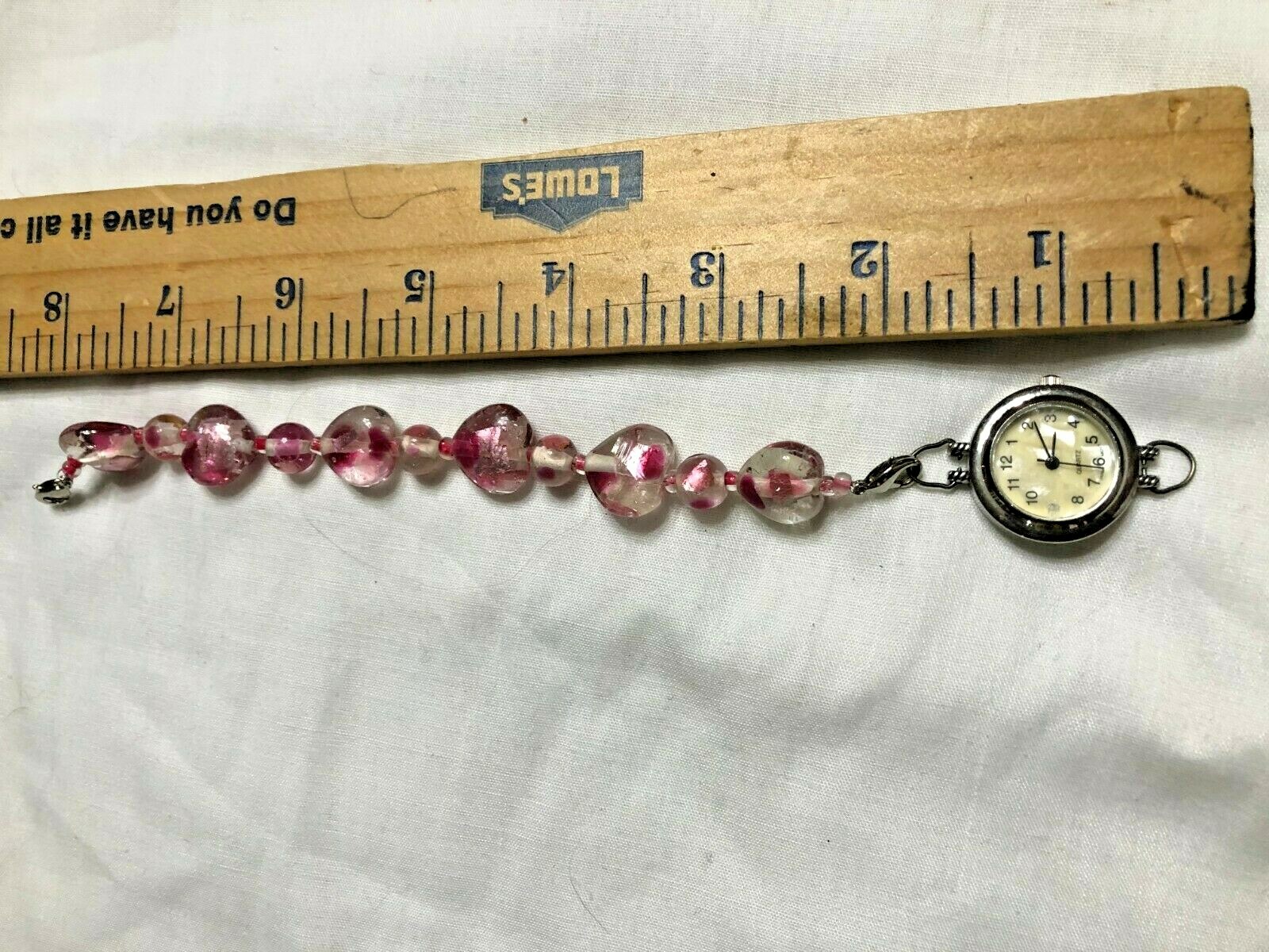 Watch w rose pink glass acrylic bracelet band approx 6 inches