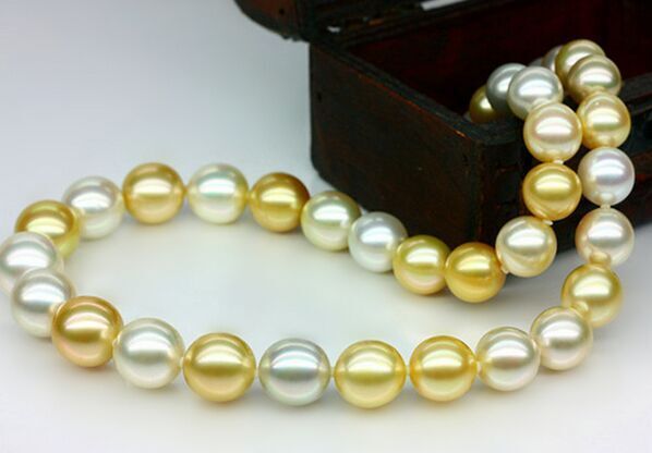 Huge 17″11-14mm Natural South Sea Genuine White Golden Round Pearl Necklace 1888