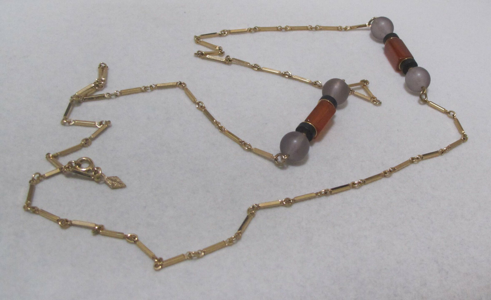 Vtg 1978 SARAH COV “Monterey” 35” Gold Tone Orange Grey Black Station Necklace
