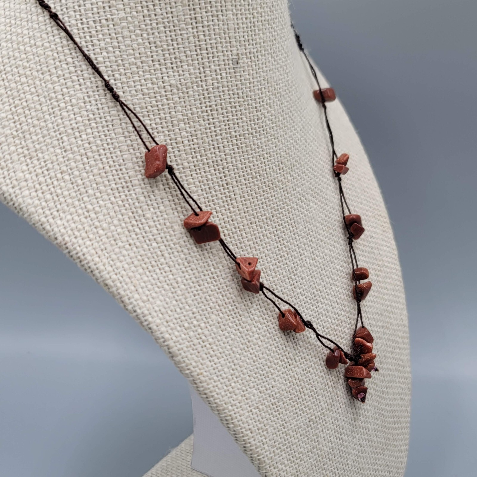 Gold Sandstone Chip Beads Necklace Hand Knotted Cord 18”