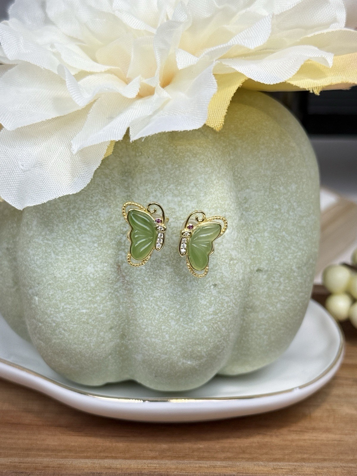 Hetian Jade Green Butterfly S925 Earrings 9.3/14.2MM