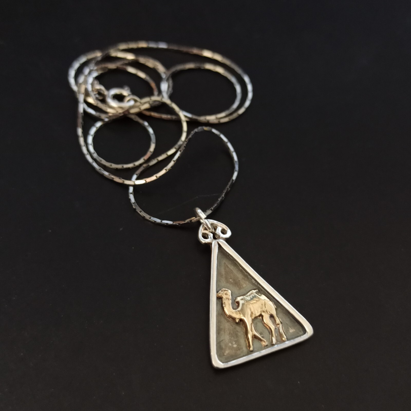 Sterling Silver Camel Necklace Rolled Gold Accents Patina Men Women Israel Gift