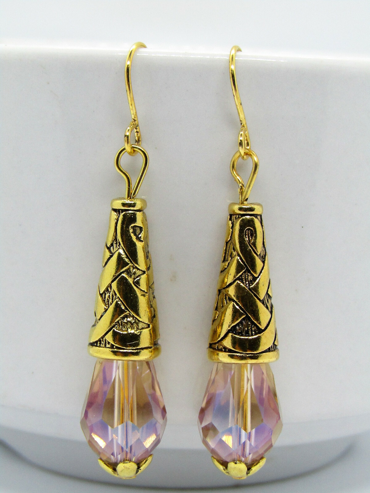 Artisan Made, Beige AB Teardrop Crystal Gold Dangle Earrings, Fashion Earrings