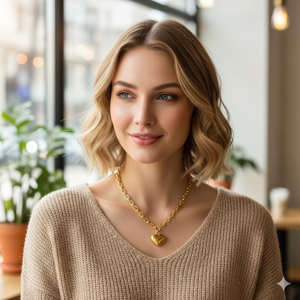 Chunky Gold Heart Necklace for Women, 18K GoldPlated Link Chain with Puffy He…