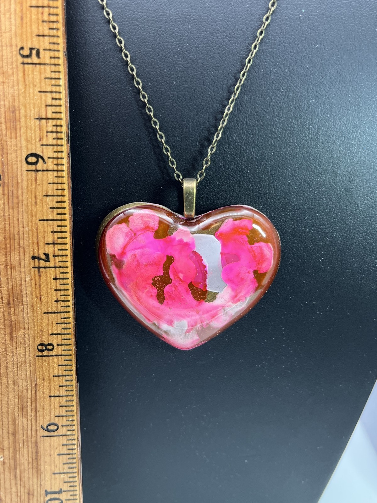 Heart pendant, abstract, art w/ pink & white & gold w/ custom bronze chain cos
