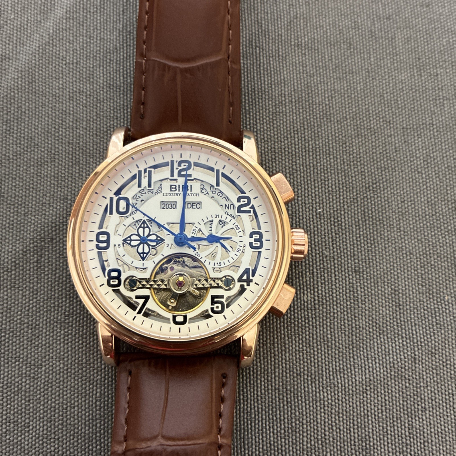 BIBI Automatic Chrono Skeleton Dial Rose Gold-Tone Case Brown Leather Strap Box