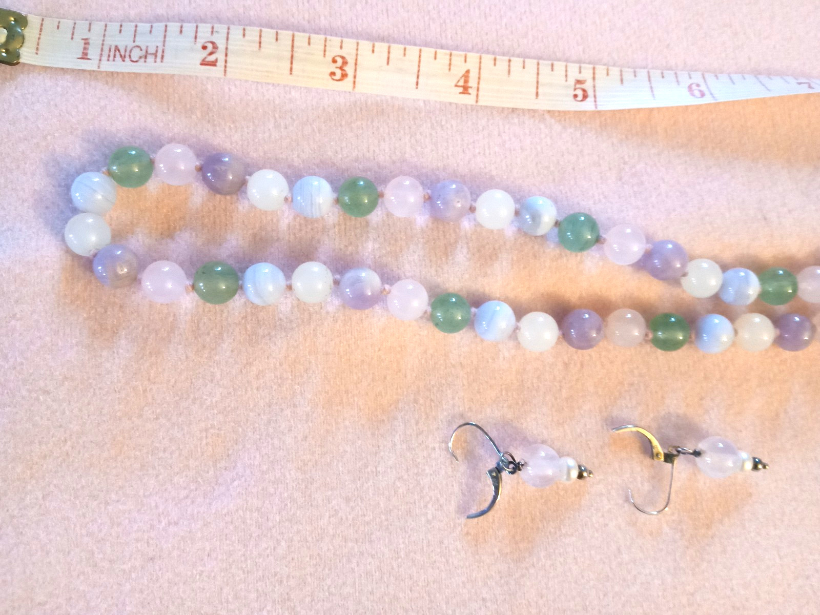 Jade Cat Necklace w Rose White Purple Quartz, Amethyst? Beads 32 In + Earrings