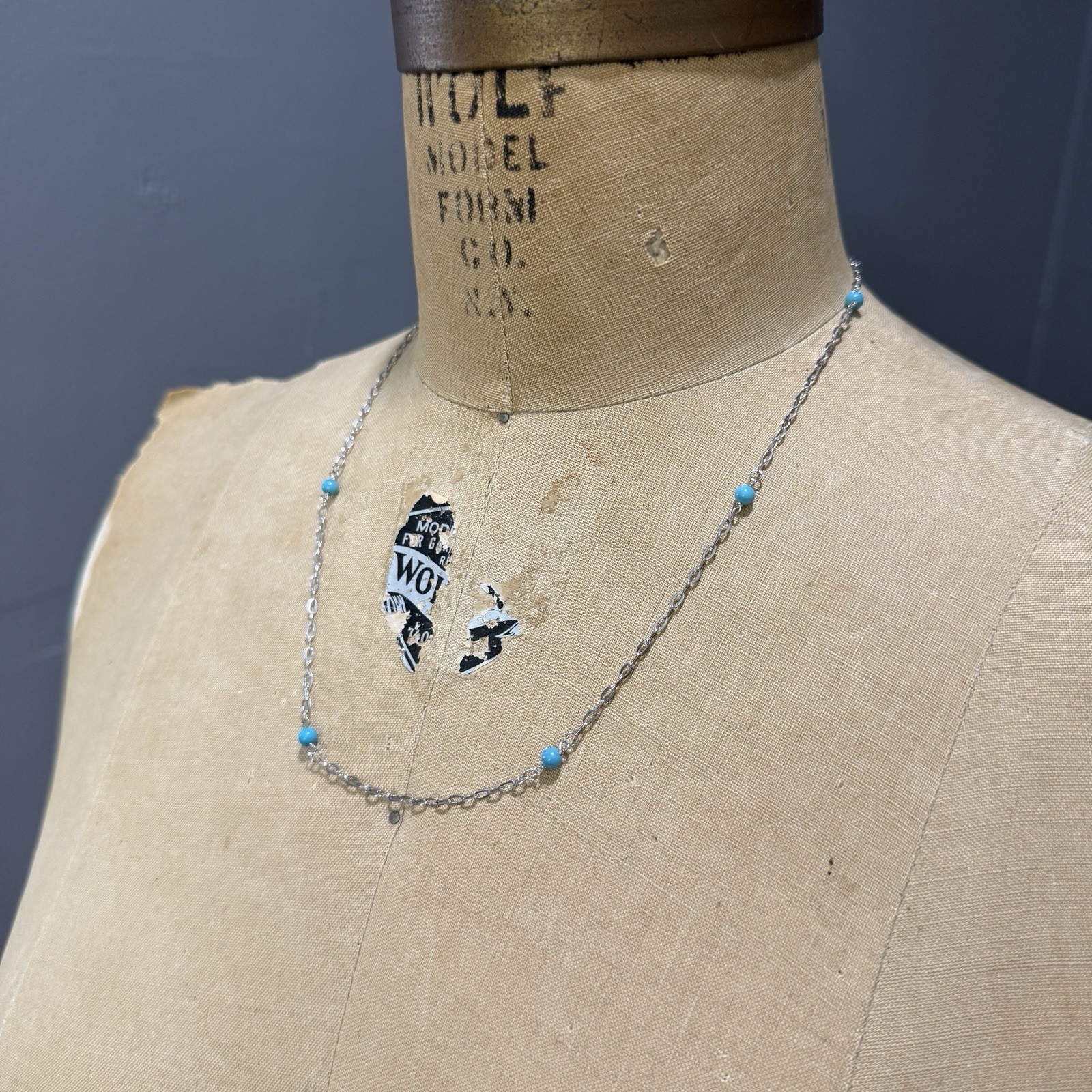 14k white gold turquoise bead station necklace 20″ 2.4 grams