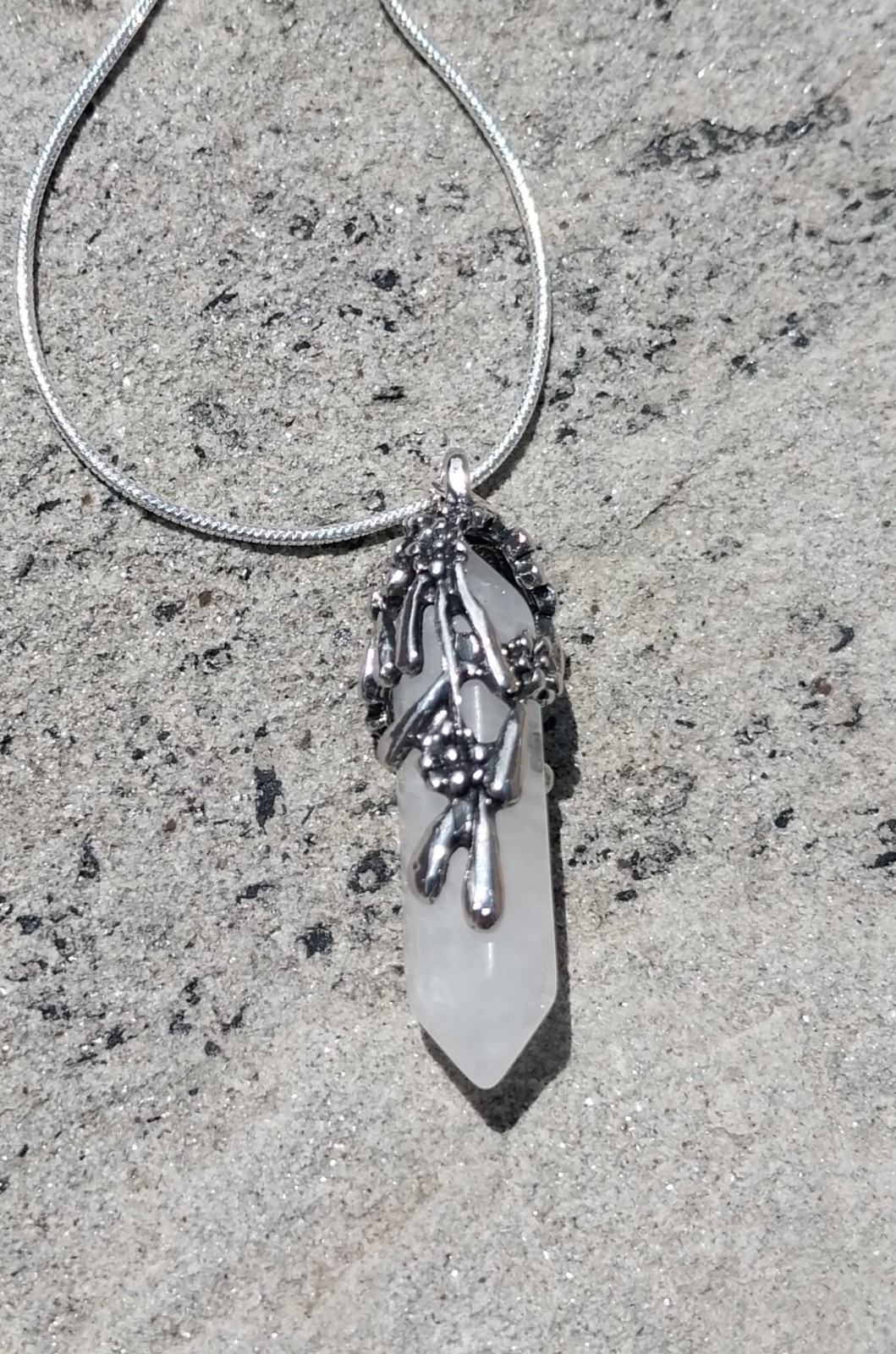 White Amethyst Flower Wrapped Pendant With 24″ Sterling Chain