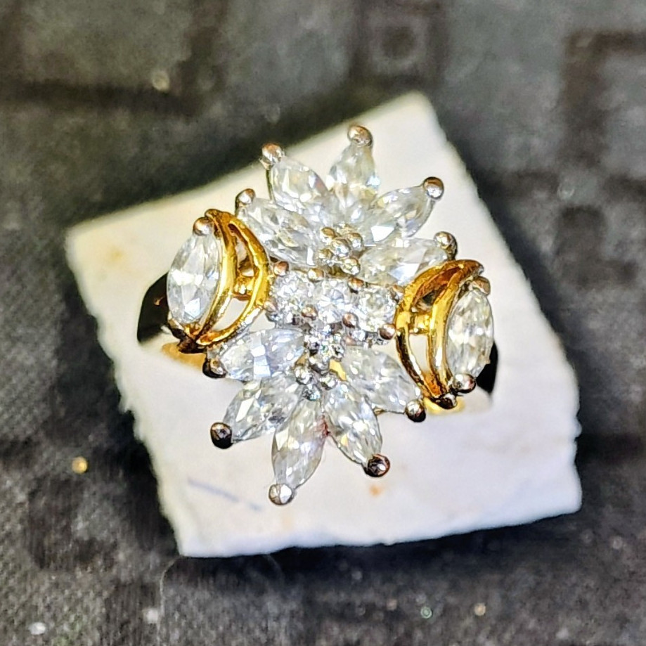 Gold Tone Flower Cluster Cocktail Ring Size 6 Marquise White/Colorless Stone