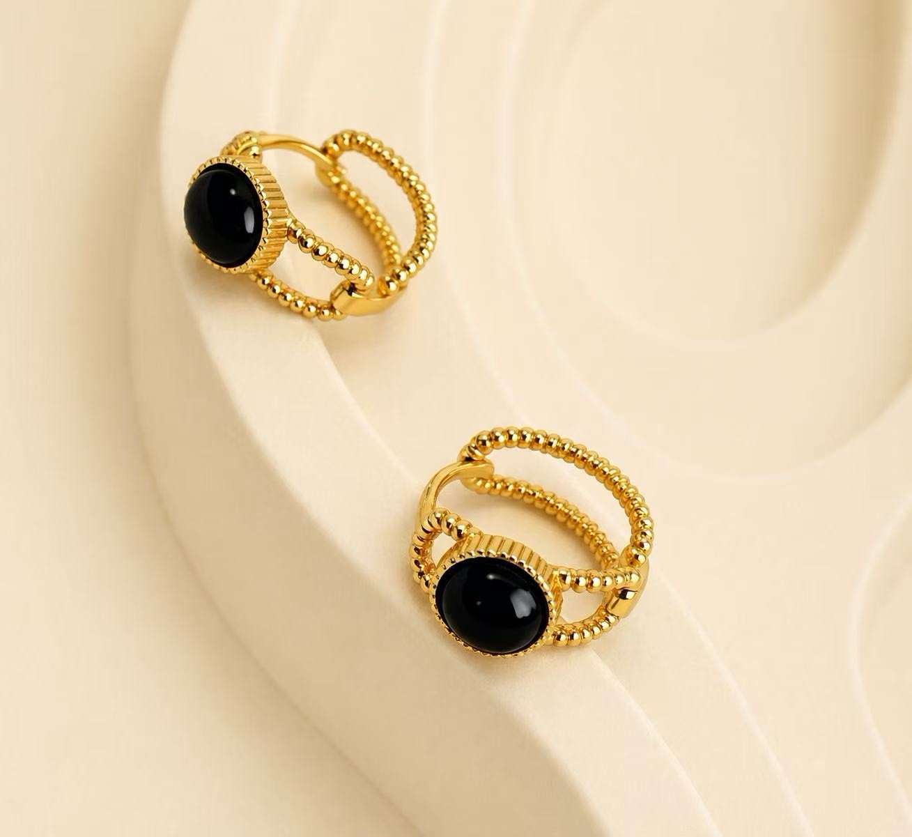 Black Onyx Huggie Earrings,Gold or Silver,Dainty Black Stone Earrings for women