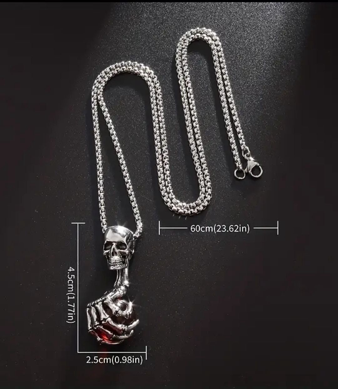 Skeleton Hand Skull Pendant Necklace with Red Orb, Silver Ball Chain Gothic