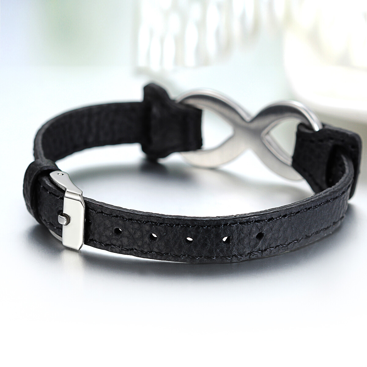 Mens Womens Leather Stainless Steel Bracelet Love Infinity Charm Bangle Black