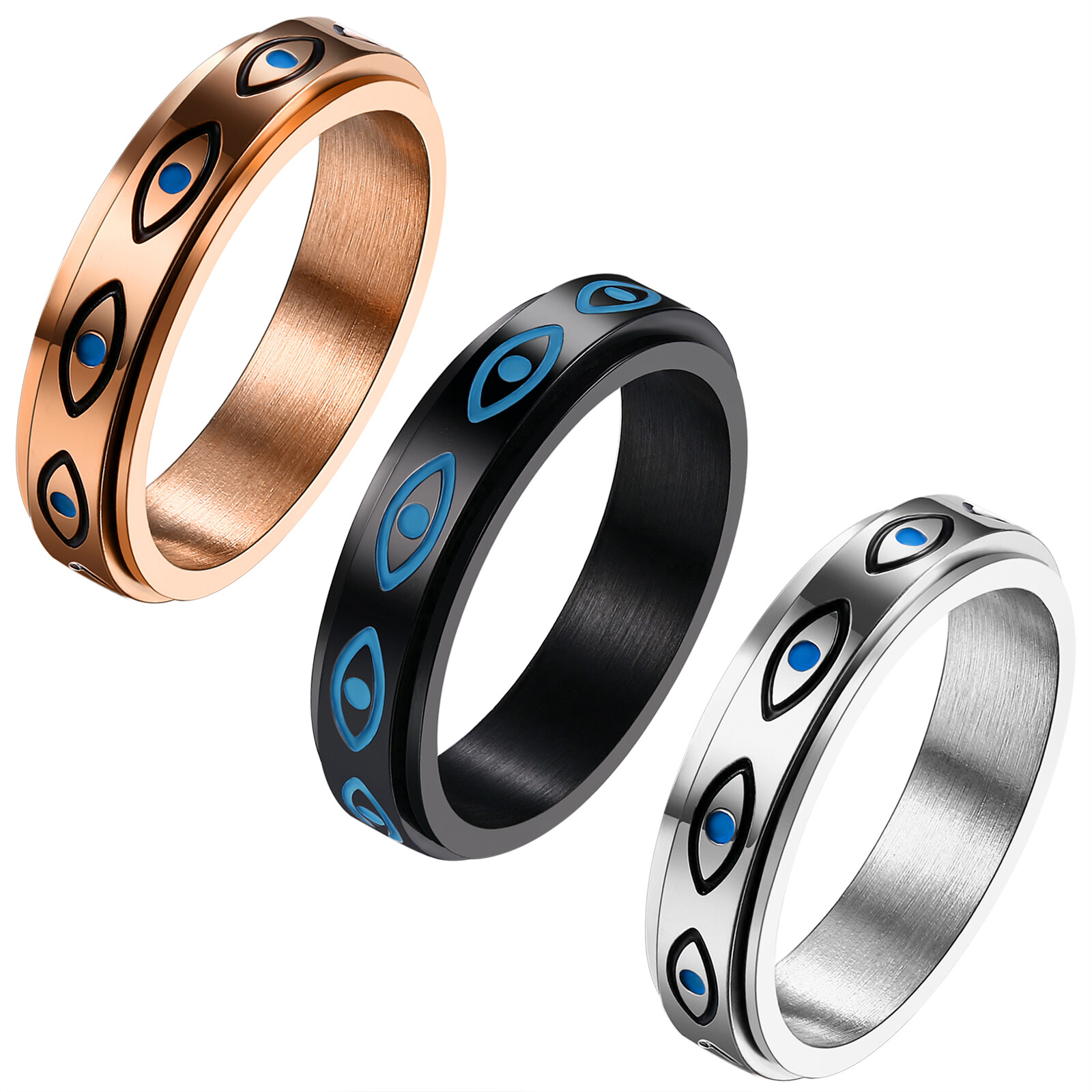 Evil Eye Spinner Ring Anti Anxiety Fidget Stainless Steel Rotate Band Men Women