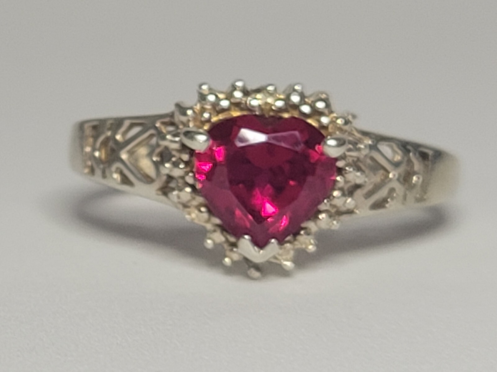 Sterling Silver (.925) Lab Created Ruby Heart & Diamond Accent Ring, Size 7, JJT