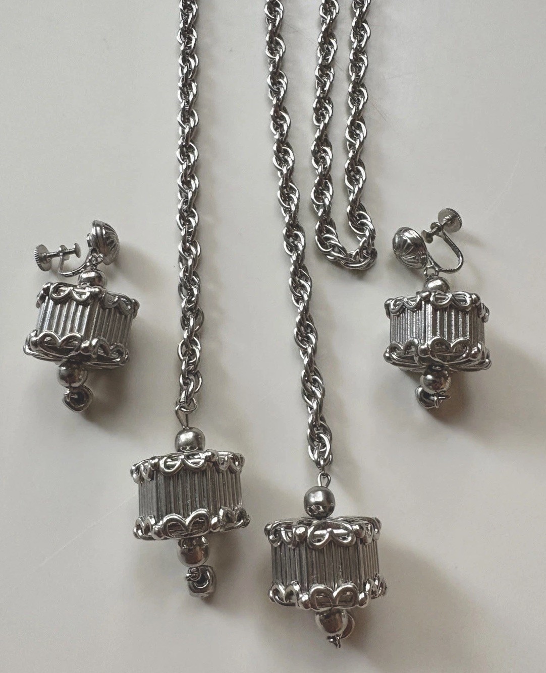 Vintage c.1955-62 Rhodium Lantern Pagoda Sautoir Necklace & Earrings Set RARE