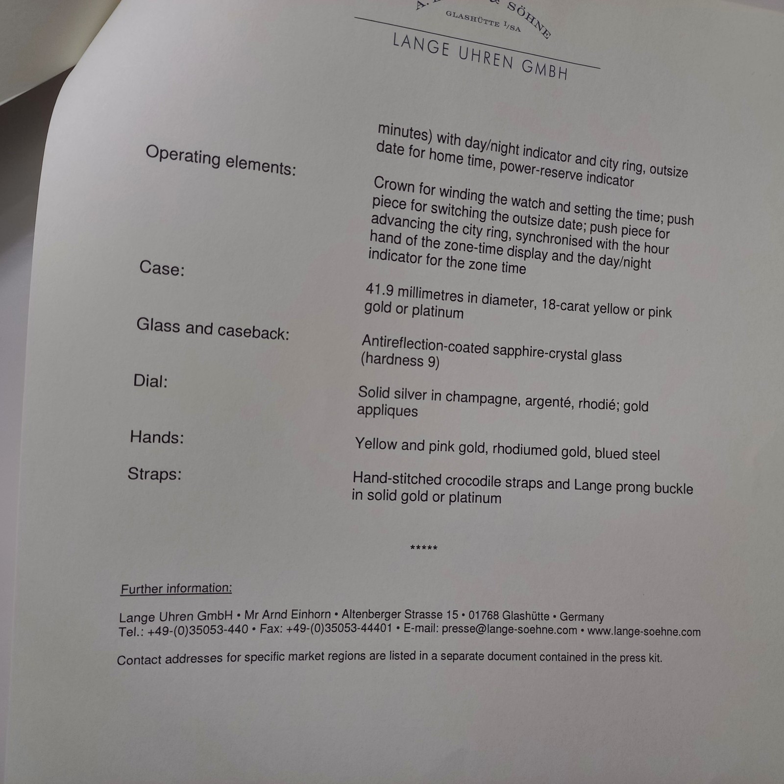 Rare 2005 A. Lange & Söhne Lange 1 Time Zone Press Kit & Technical Drawings