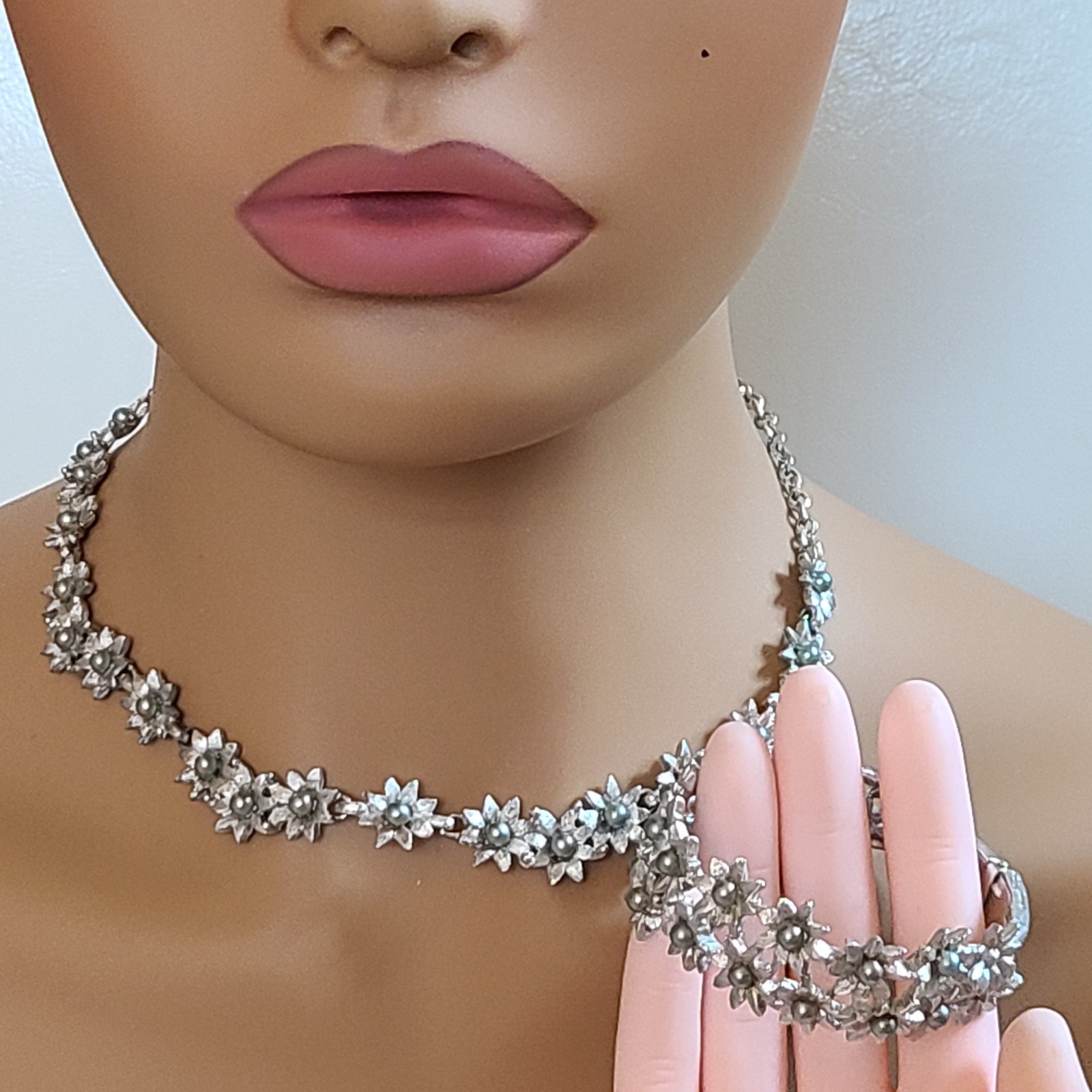 Vintage Marboux BOUCHER Floral Clamper Bracelet Necklace Set Grey Green Pearl