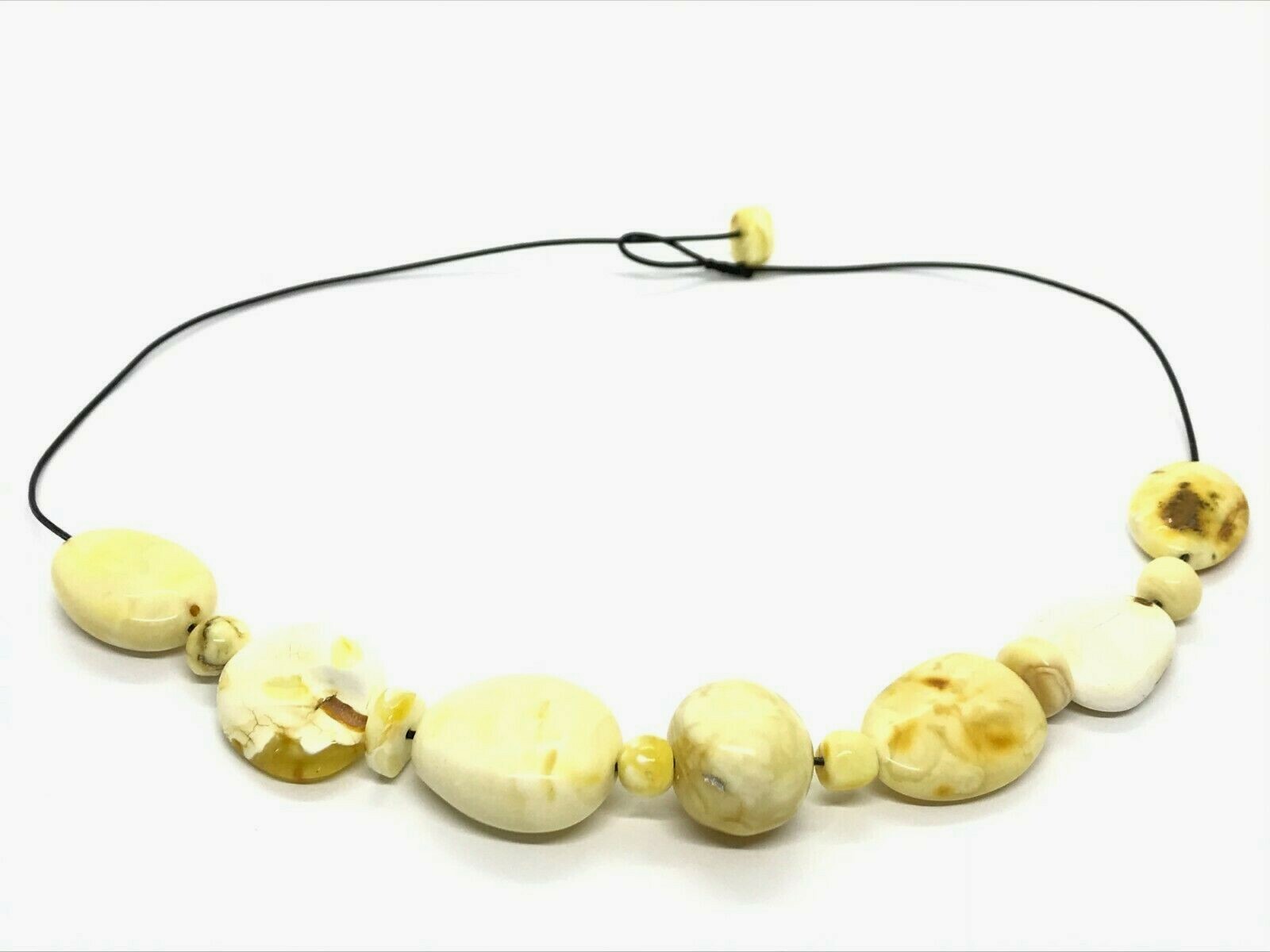 AMBER NECKLACE Gift Luxury Royal Yellow White BALTIC Beads Black Cord 30g 15365