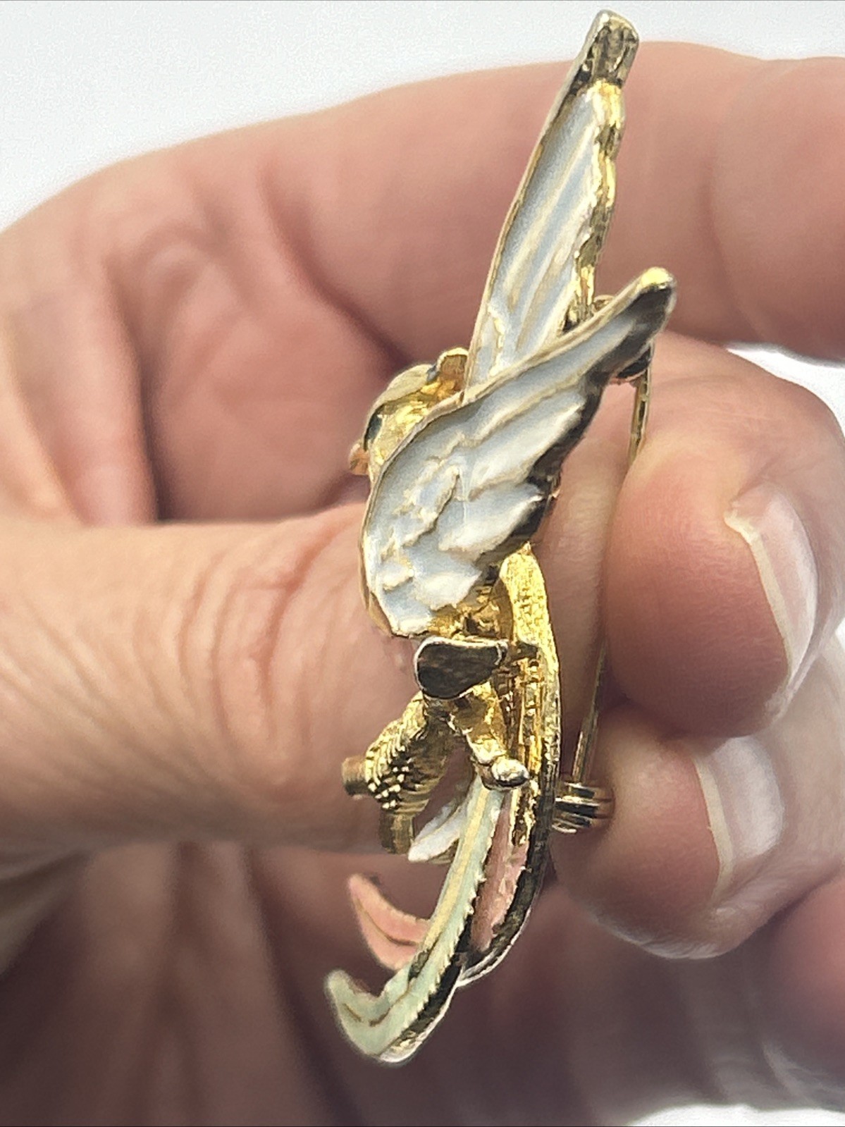 Vtg Bird of Paradise Phoenix Enamel Pastel Pink Blue Green Brooch 2.5″ Gold Tone