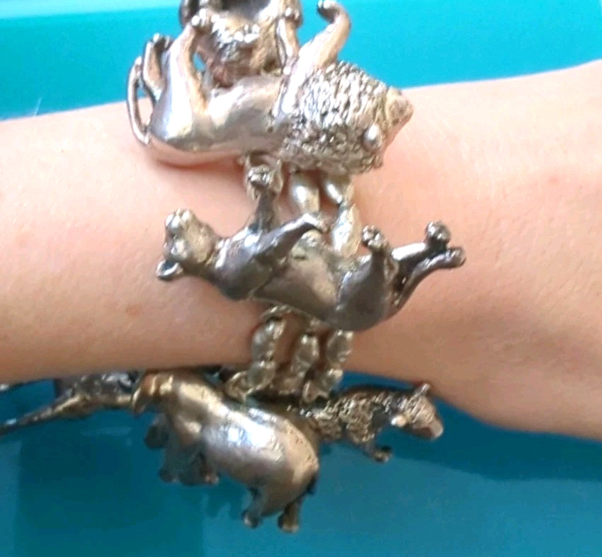 Sterling Silver 114 g 3D SAFARI ZOO Animal Bracelet Lion Gorilla Tiger Elephant*