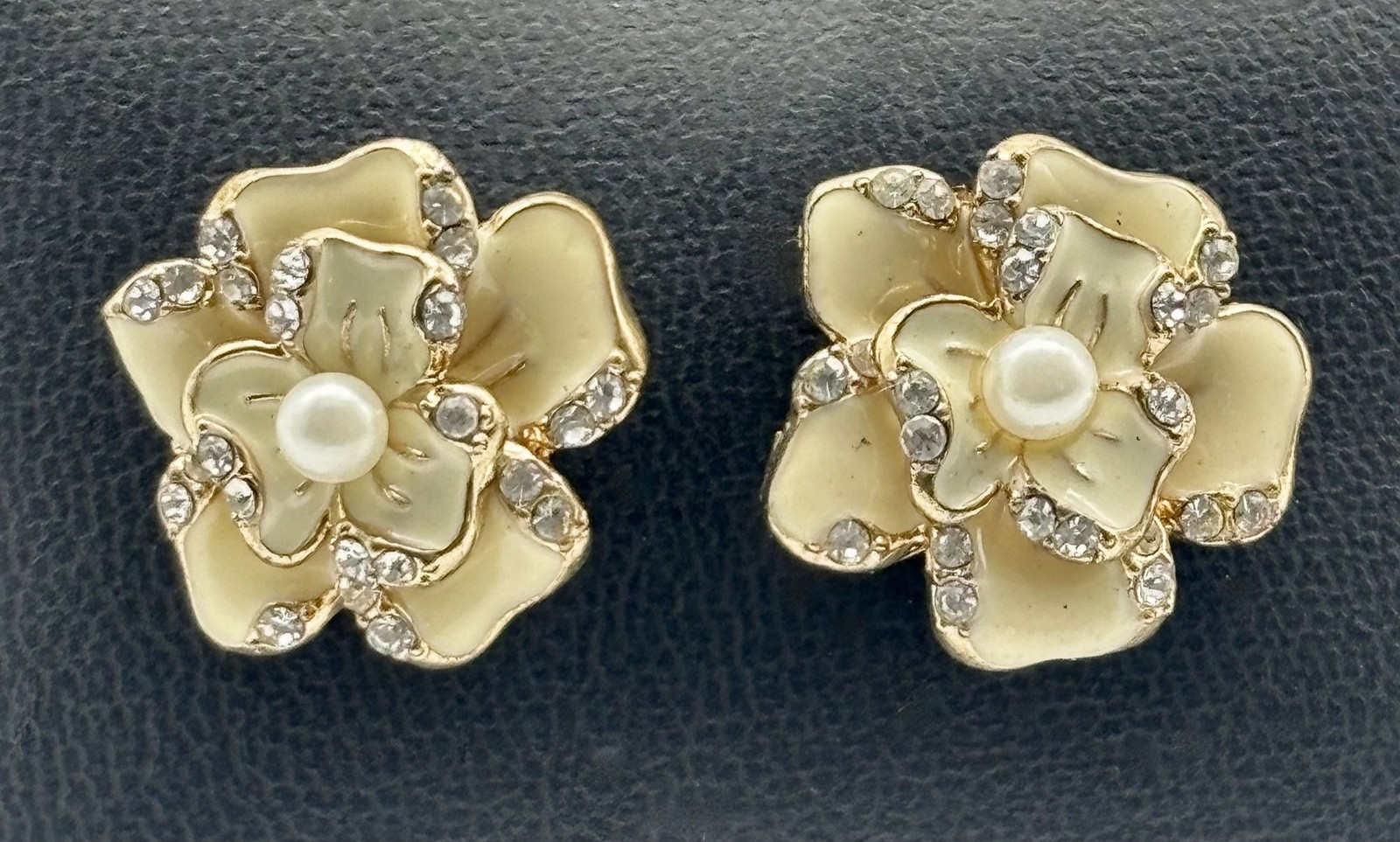 Vintage Enameled Dogwood Post Earrings Cream Enamel Faux Pearl Clear Rhinestones