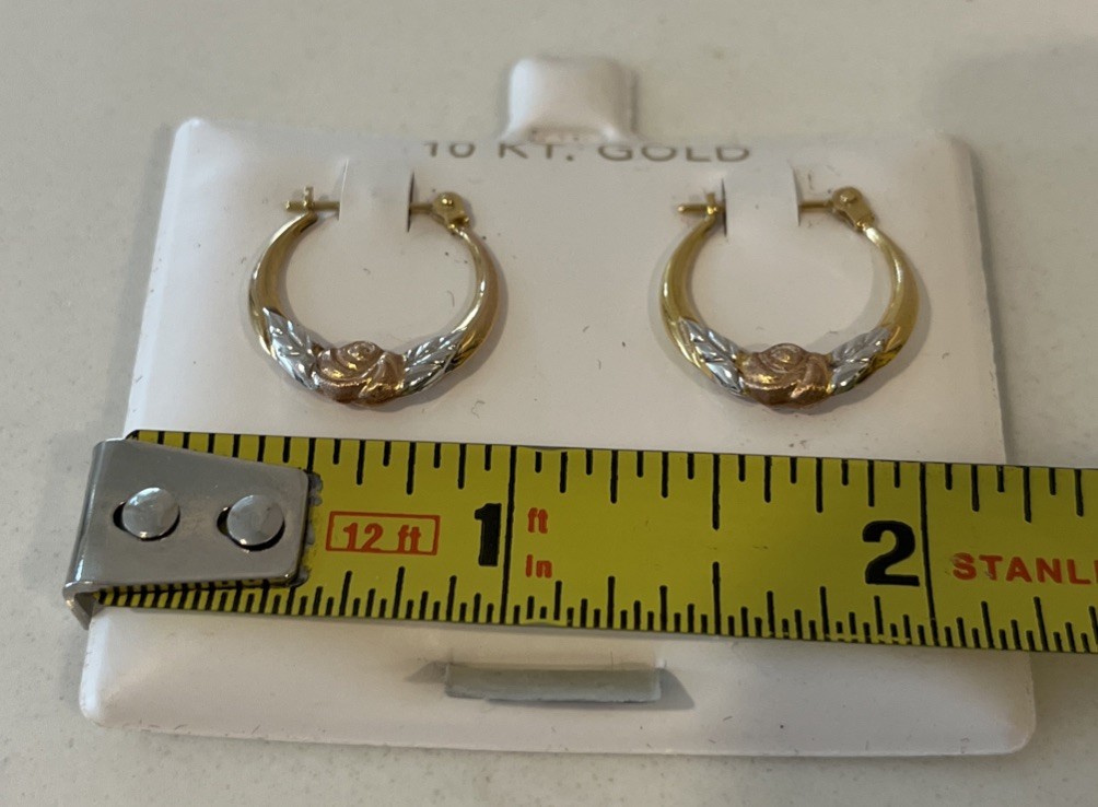 10K Yellow White Rose Gold Petite Hoop Earrings Floral Design Made Bolivia VTG