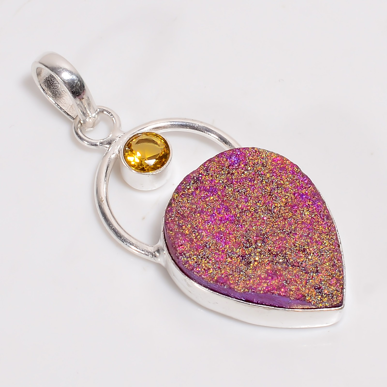 Titanium Druzy Citrine Gemstone 925 Silver Handmade Pendant 2.1″ ARP-6622