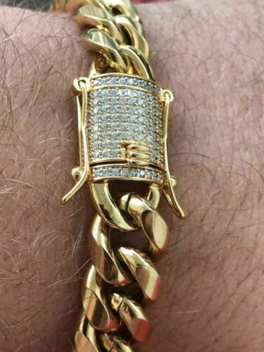 Gold Plated Miami Cuban Link Chain Bracelet Stainless CZ Steel Clasp 6mm-14mm